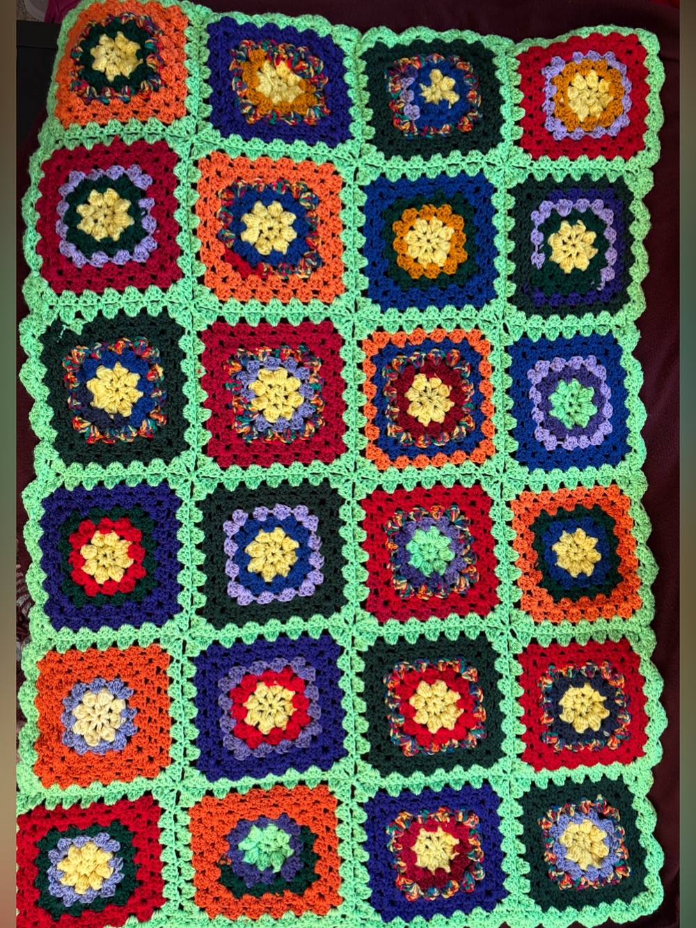 🌈💚Lime Green Border Vintage Handmade Granny Square Crochet Blanket 49x32 Retro🌈💚